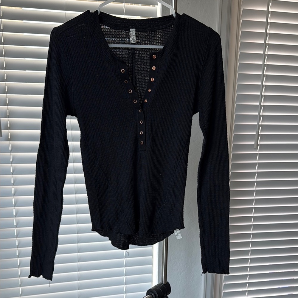 Free People Black Long Sleeve Buttoned Polo Blouse